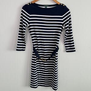 Lauren Ralph Lauren Women M 100% Cotton Nautical Navy White Stripe Dress Belted